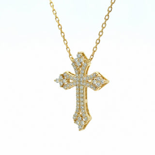 Pavé flared cross moissanite necklace in yellow gold vermeil over sterling silver