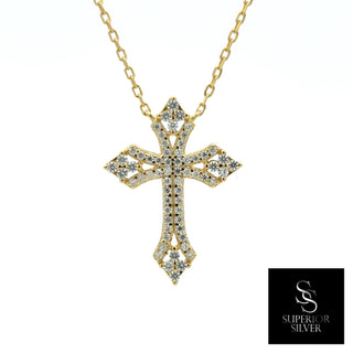 Pavé flared cross moissanite necklace in yellow gold vermeil over sterling silver, view 2