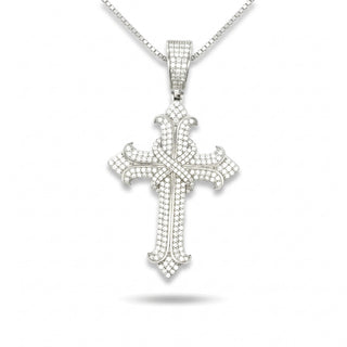 Pavé Flared-Tip Cross with Wrapped Center Moissanite Pendant in Sterling Silver on chain