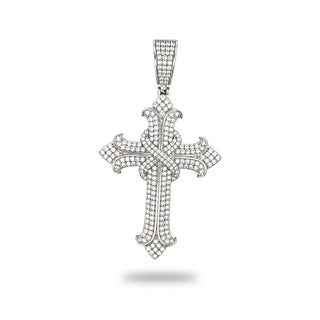 Pavé flared-tip cross with wrapped center moissanite pendant in sterling silver
