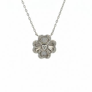 Pavé four-leaf clover heart center moissanite necklace in sterling silver, view 2