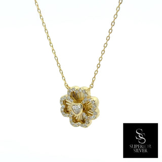 Pavé four-leaf clover heart center moissanite necklace in yellow gold vermeil over sterling silver