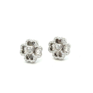 Pavé four-leaf clover heart moissanite stud earrings in sterling silver