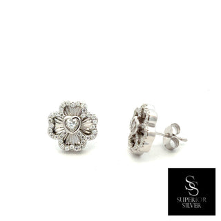 Pavé four-leaf clover heart moissanite stud earrings in sterling silver, view 2