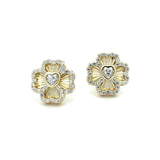 Pavé four-leaf clover heart moissanite stud earrings in yellow gold vermeil over sterling silver