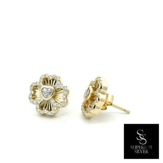 Pavé four-leaf clover heart moissanite stud earrings in yellow gold vermeil over sterling silver, view 2