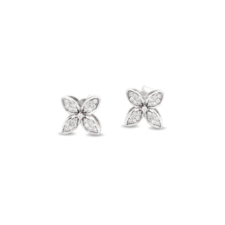 Pavé four-petal flower moissanite stud earrings in sterling silver
