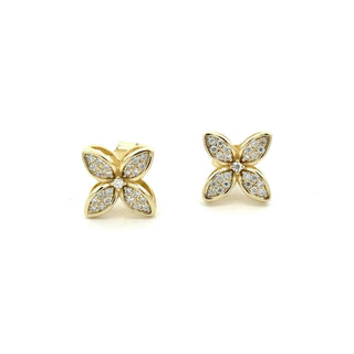 Pavé four-petal flower moissanite stud earrings in yellow gold vermeil over sterling silver