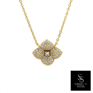 Pavé four-petal flower with center stone moissanite necklace in yellow gold vermeil over sterling silver, view 2