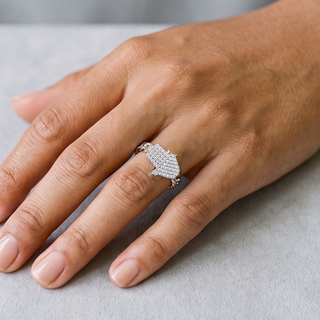 Pavé Hamsa on Cuban Link Band Moissanite Ring in sterling silver, worn on hand