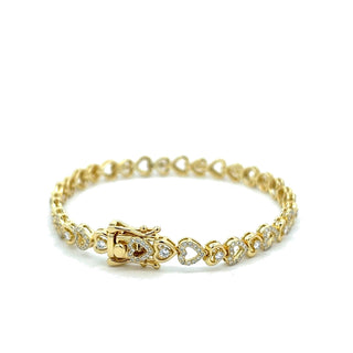 Pavé heart and solitaire heart link moissanite bracelet in yellow gold vermeil over sterling silver, view 2