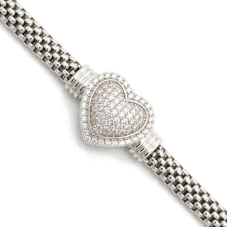 Pavé Heart Woven Mesh Moissanite Bracelet in Sterling Silver, close-up