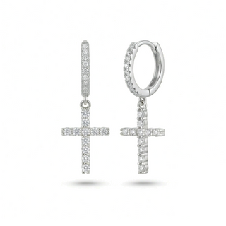 Pavé huggie cross drop moissanite earrings in sterling silver