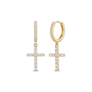 Pavé huggie cross drop moissanite earrings in yellow gold vermeil over sterling silver