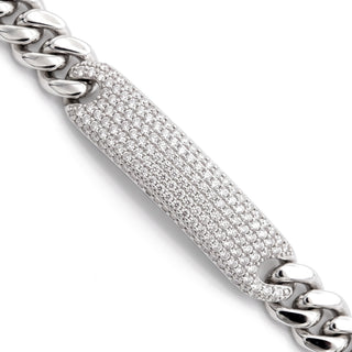Pavé ID Bar Cuban Link Moissanite Bracelet in Sterling Silver, close-up