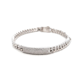 Pavé ID Bar Cuban Link Moissanite Bracelet in Sterling Silver
