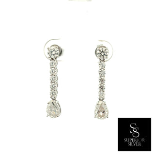Pavé line pear drop moissanite earrings in sterling silver, view 2