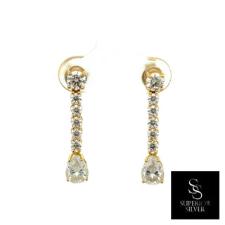 Pavé line pear drop moissanite earrings in yellow gold vermeil over sterling silver, view 2