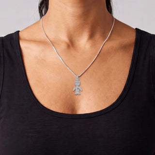 Pavé Little Boy Moissanite Pendant in sterling silver, worn on model