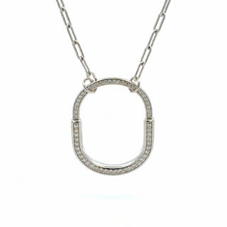 Pavé open lock paperclip moissanite necklace in sterling silver