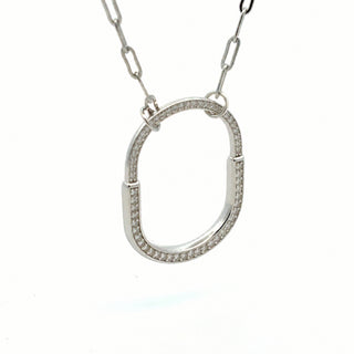 Pavé open lock paperclip moissanite necklace in sterling silver, view 2
