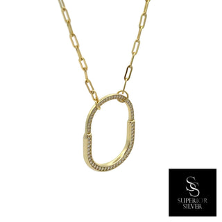 Pavé open lock paperclip moissanite necklace in yellow gold vermeil over sterling silver, view 2