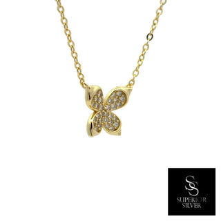 Pavé polished edge butterfly moissanite necklace in yellow gold vermeil over sterling silver