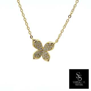 Pavé polished edge butterfly moissanite necklace in yellow gold vermeil over sterling silver, view 2