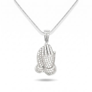 Pavé Praying Hands Moissanite Pendant in Sterling Silver on chain