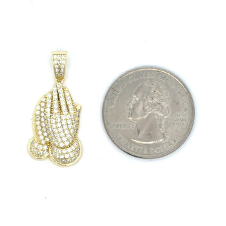 Pavé praying hands moissanite pendant in yellow gold vermeil over sterling silver, view 3