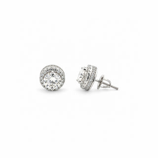 Pavé-sided round halo moissanite stud earrings in sterling silver