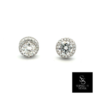 Pavé-sided round halo moissanite stud earrings in sterling silver, view 2