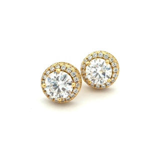 Pavé-sided round halo moissanite stud earrings in yellow gold vermeil over sterling silver