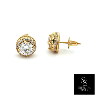 Pavé-sided round halo moissanite stud earrings in yellow gold vermeil over sterling silver, view 2