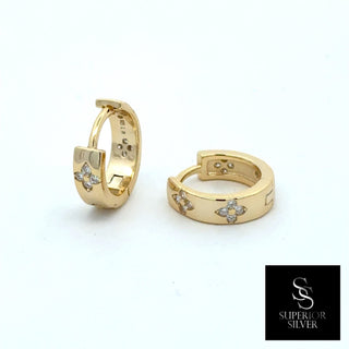 Pavé star station huggie hoop earrings in yellow gold vermeil over sterling silver, view 2