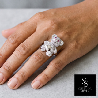 Pavé Teddy Bear Moissanite Ring in sterling silver, worn on hand