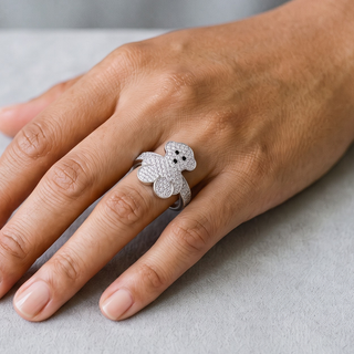 Pavé Teddy Bear on Pavé Band Moissanite Ring in sterling silver, worn on hand