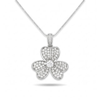 Pavé Three-Petal Flower Moissanite Pendant in Sterling Silver on chain