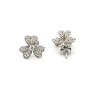 Pavé three-petal flower moissanite stud earrings in sterling silver