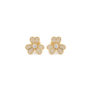 Pavé three-petal flower moissanite stud earrings in yellow gold vermeil over sterling silver