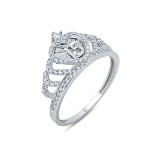 Pavé Tiara with Quinceanera 15 Heart Moissanite Ring in sterling silver