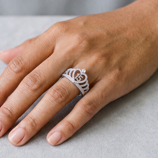 Pavé Tiara with Quinceanera 15 Heart Moissanite Ring in sterling silver, worn on hand
