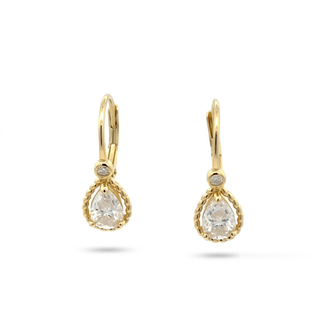 Pear halo leverback drop moissanite earrings in yellow gold vermeil over sterling silver