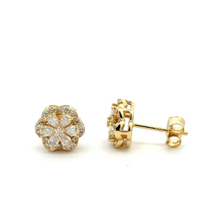 Pear petal flower cluster moissanite stud earrings in yellow gold vermeil over sterling silver