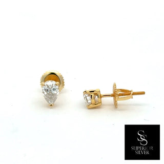 Pear solitaire moissanite stud earrings in yellow gold vermeil over sterling silver, view 2
