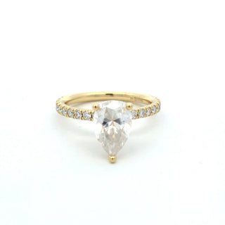 Pear solitaire on pavé band moissanite ring in yellow gold vermeil over sterling silver