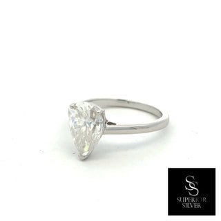 Pear solitaire on polished band moissanite ring in sterling silver, view 2