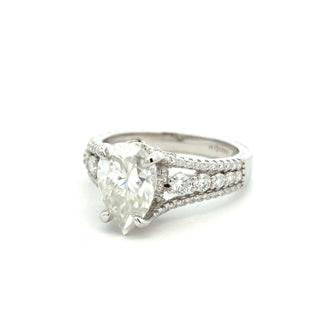 Pear solitaire with graduated side stones moissanite ring in sterling silver, view 2