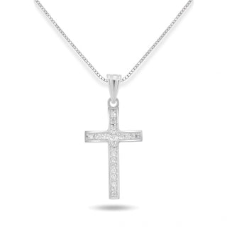 Petite Classic Pavé Cross Moissanite Pendant in Sterling Silver on chain