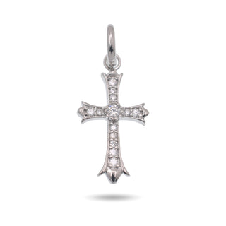 Petite Fleur-de-Lis Pavé Cross Moissanite Pendant in sterling silver